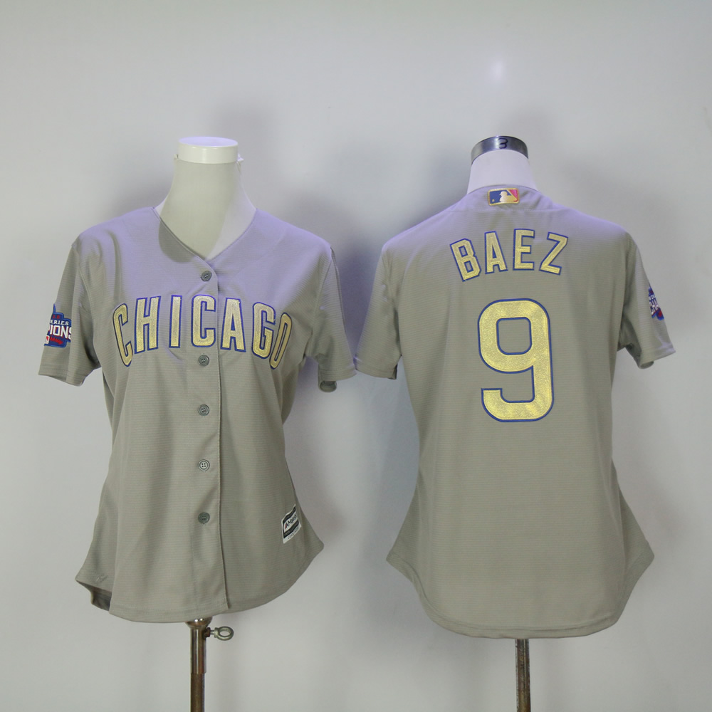 Women Chicago Cubs #9 Baez Grey Champion MLB Jerseys